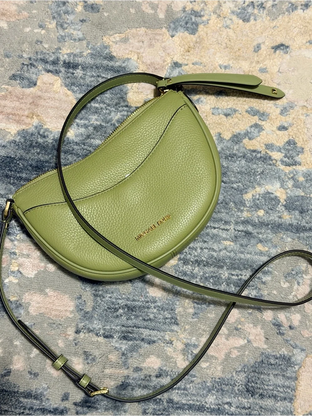 Michael Kors Green Pebbled Leather Crescent Crossbody with Gold Logo